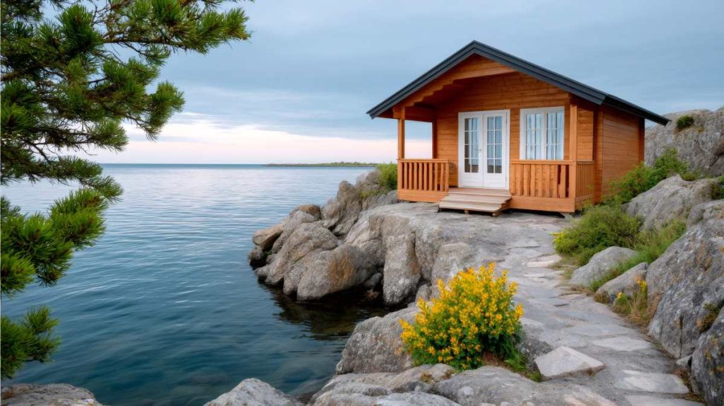 Wooden cabin by calm lake with path 