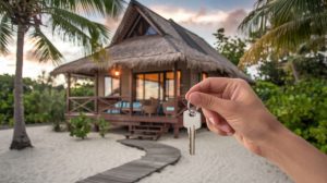 Hand Holds Key in Front of a Tropical Beachfront House at Sunset